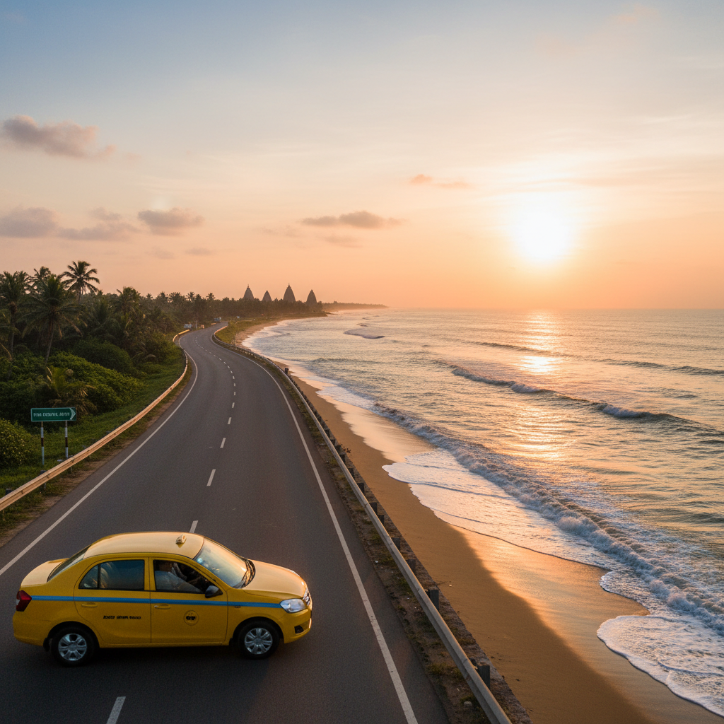 A scenic coastal highway near Puri with a single yellow taxi driving smoothly along the road, captured from a slightly elevated side angle in crisp photographic realism. The car’s surface is clean and reflective, catching the warm golden hour light. To the right, gentle ocean waves shimmer; to the left, lush greenery and distant temple silhouettes hint at Puri’s cultural landmarks. The sky is painted with soft oranges and blues, creating an inspiring, relaxed mood. The taxi is placed on the rule of thirds line, conveying motion and direction, symbolizing one-way trips and well-planned tours along beautiful, stress-free routes.
