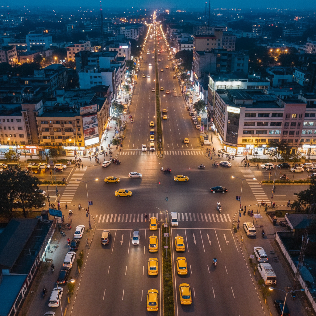 An overhead, bird’s-eye photographic view of a busy Bhubaneswar crossroads at dusk, with several bright yellow taxis clearly visible among other vehicles, each taxi appearing notably cleaner and more polished. Streetlights and building lights are just turning on, creating a dynamic mix of warm artificial light and cool fading daylight. The roads form clean lines that guide the eye through the composition, suggesting connectivity and coverage across the city. The image is sharp throughout, emphasizing infrastructure, organization, and the reach of the taxi service. The atmosphere feels energetic yet controlled, reflecting an efficient, professional taxi network handling city travel seamlessly.
