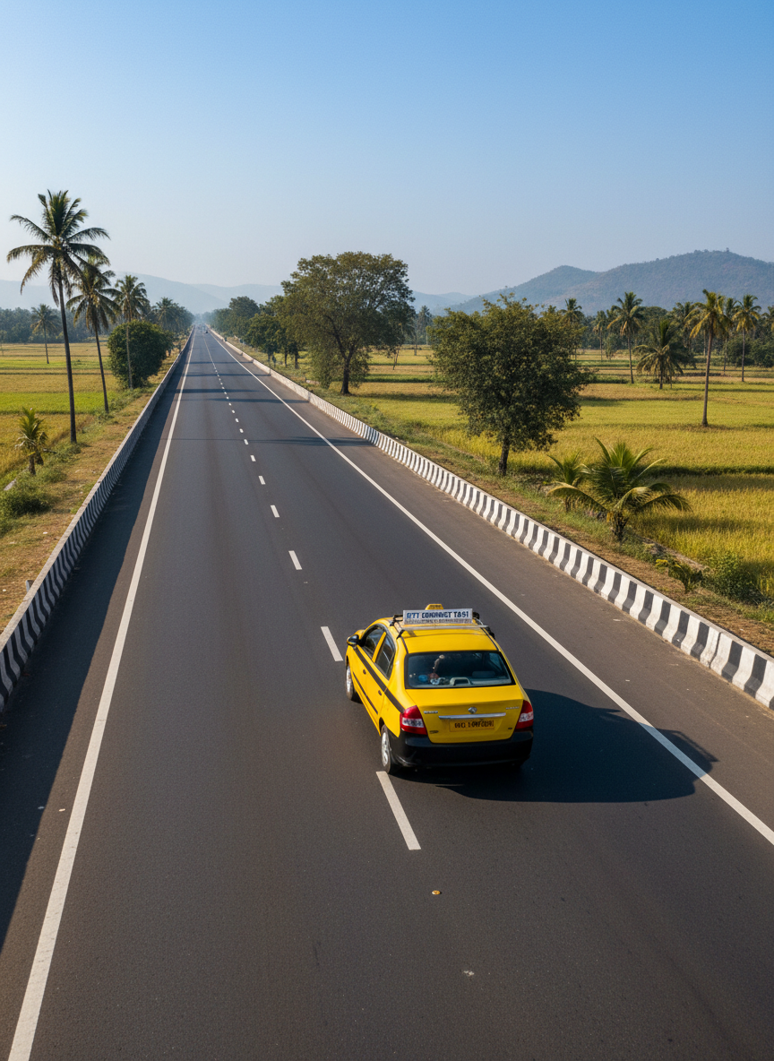 A long, open highway stretching between Berhampur and Bhubaneswar under a clear blue sky, with a single clean taxi driving confidently in the right lane, captured in photographic realism. The road lines lead the eye into the distance, emphasizing the idea of smooth, uninterrupted one-way trips. Surrounding fields and occasional trees give a sense of regional landscape, while distant hills fade into a gentle haze. Late-morning sunlight casts crisp but soft shadows beneath the car and along the roadside barriers. The composition, shot from a slightly elevated rear three-quarter angle, suggests motion, freedom, and carefully planned intercity routes managed by a professional taxi service.