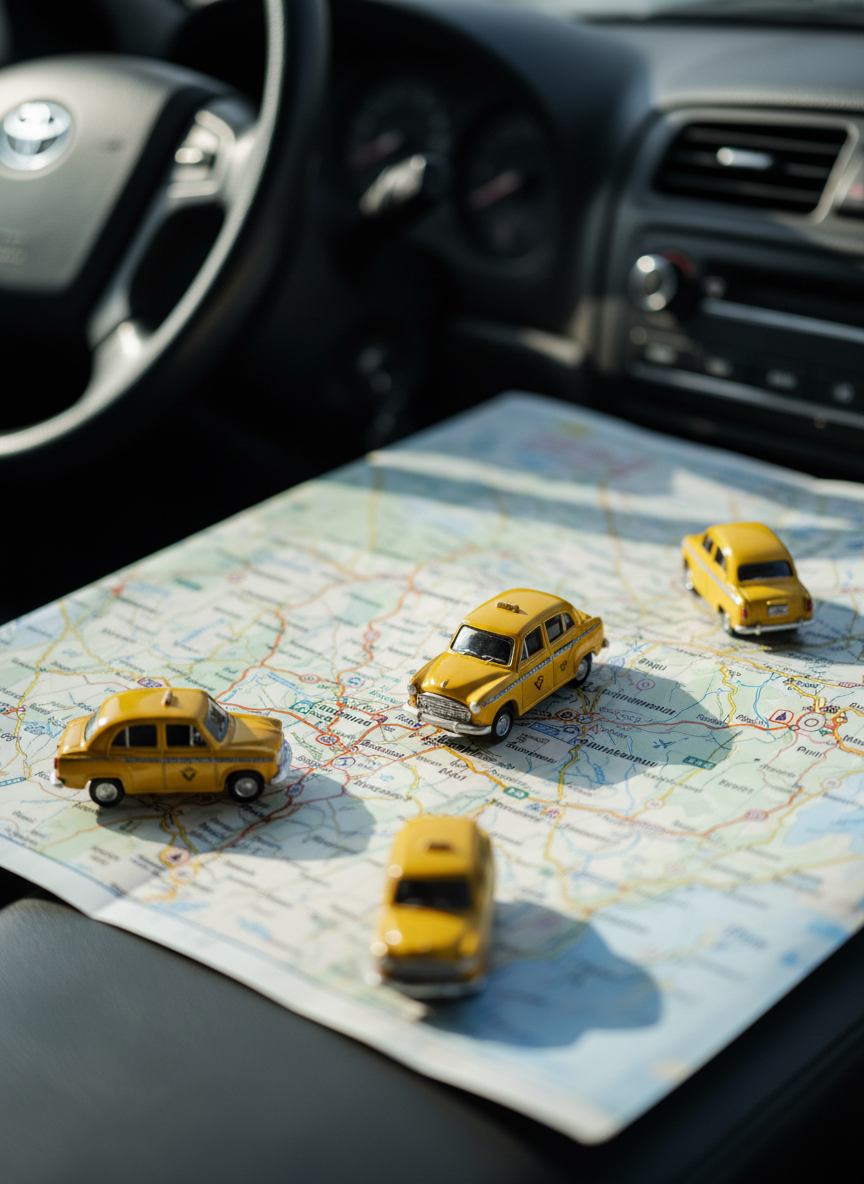 A carefully planned tour route represented visually by a detailed road map spread across a clean car dashboard, with miniature model taxis placed along a path connecting Berhampur, Bhubaneswar, and Puri, photographed in close-up realism. The camera focuses on the central model taxi, leaving map text and symbols softly blurred yet recognizable as roads and landmarks. Soft indoor lighting from above creates gentle highlights on the glossy miniature cars and subtle shadows over the folded paper. The mood is organized and thoughtful, symbolizing strategic tour planning and curated itineraries without using any on-screen text, perfect for illustrating a professional taxi tour company.