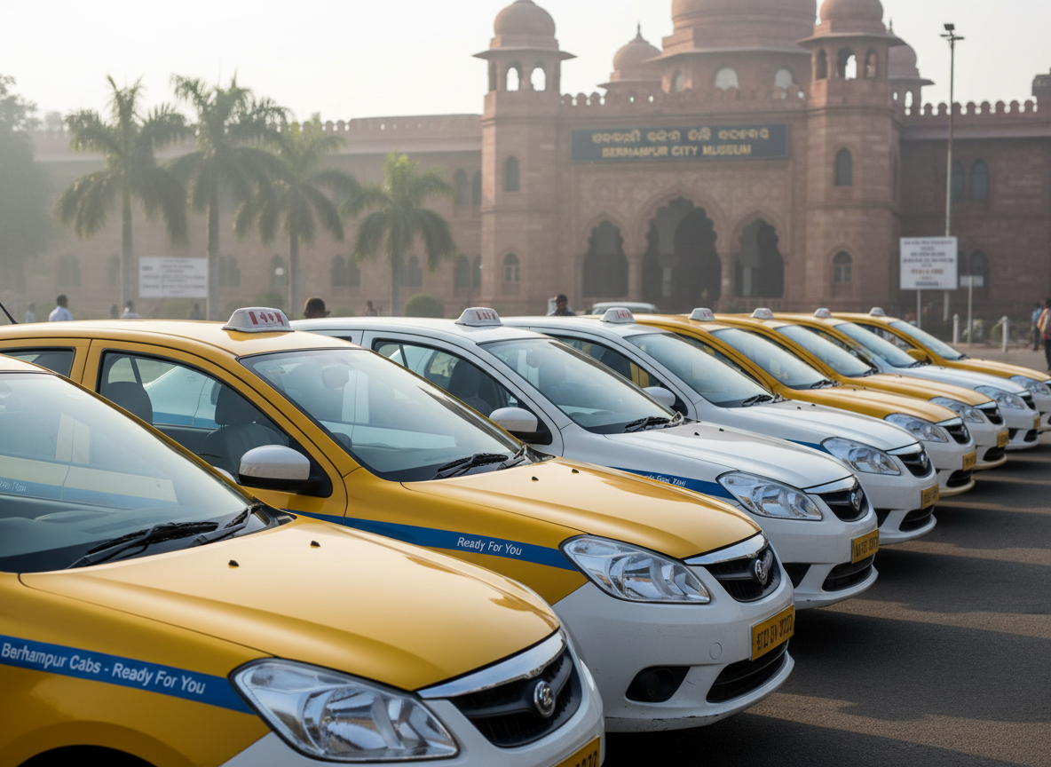 A fleet of clean, well-maintained yellow and white taxis lined up neatly outside a landmark in Berhampur, captured in photographic realism. The cars are positioned in a diagonal row from foreground to background, demonstrating availability and scale of service. Early morning diffused daylight illuminates the scene, creating crisp reflections on windshields and subtle shadows under each vehicle. The recognizable local architecture and signage are softly out of focus, giving context without drawing attention from the taxis. Shot from a slightly elevated angle with sharp focus across the frame, the composition feels organized, professional, and dependable, perfectly representing a number one taxi provider ready for bookings.