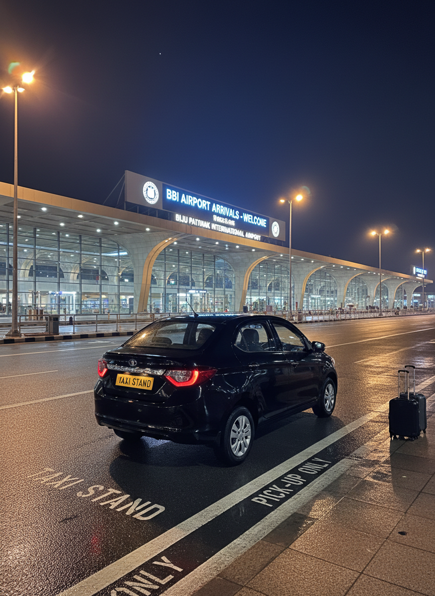 A night-time airport pickup scene outside a modern terminal in Bhubaneswar, with a single taxi pulled up at the curb under bright overhead lights, rendered in detailed photographic realism. The taxi’s paintwork is spotless, with reflections of terminal glass and illuminated signage on its body. The road markings are crisp, and a few suitcase silhouettes on the pavement subtly imply traveler activity without depicting people. Cool white artificial lighting mixes with soft yellow streetlights, creating a professional, efficient atmosphere. Shot from a low angle slightly in front of the taxi, the composition conveys readiness, reliability, and 24/7 availability for one-way and city-to-city bookings.