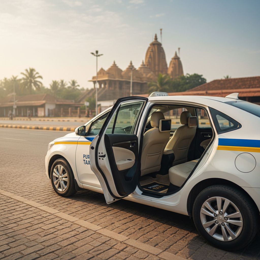 A clean, modern taxi parked on a quiet street in Puri near a visible but softly blurred temple complex, captured in realistic photographic style. The car is positioned in three-quarter view, with its open rear door revealing a tidy, spacious back seat and neatly arranged floor mats, suggesting comfort for tourists and families. Soft morning light bathes the scene, creating gentle reflections on the car’s windows and bodywork while leaving subtle shadows along the curb. The mood is calm, inviting, and trustworthy, emphasizing reliability for sightseeing and tour planning. The composition balances the taxi in the foreground with the iconic spiritual landscape in the background.