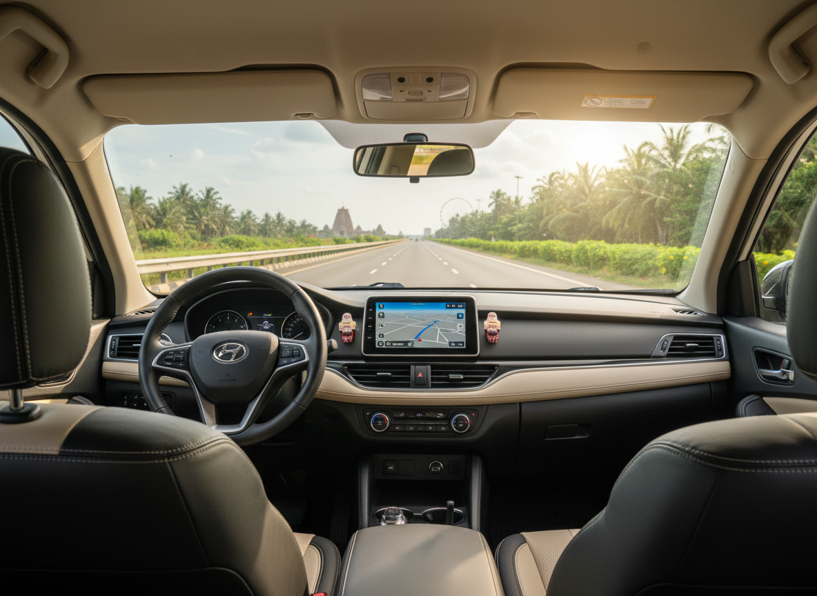 A comfortable, modern taxi interior with spotless black and beige upholstery, neatly arranged dashboard, and a visible GPS screen showing a route toward Puri’s coastline, rendered in lifelike photographic detail. The camera is placed in the back seat, looking forward through the windshield onto a smooth highway lined with greenery and distant hints of Puri’s landmarks. Warm afternoon sunlight streams through the front glass, casting gentle highlights on the steering wheel and metallic accents while leaving the seats in soft shadow. The composition uses a natural eye-level angle, creating an inviting atmosphere that suggests safety, cleanliness, and professional tour planning for long one-way journeys.